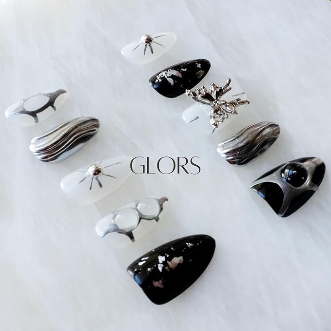Gothic Long Almond Press-On Nails Set, Black and Silver Metallic Design with Butterfly Accent, Handmade False Nail 10 Pieces (Medium,Almond)