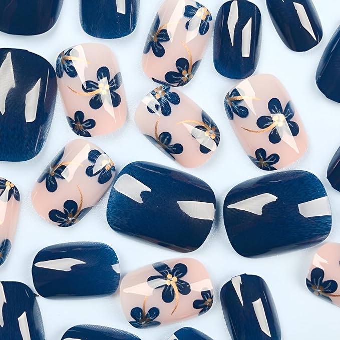 Blue Flower Fake Nails Short Press on Nails Square False Nails Blue Nails Press Ons Glossy Full Cover Glue on Nail DIY Acrylic Stick on Nail for Women and Girls Decorations Set 24Pcs