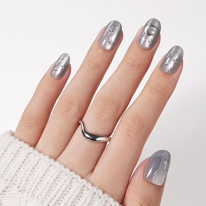 VSALON Press on Nails Short Oval, Silver Gray Cat Eye Star & Moon Chrome Glossy 3D Art Glue On Nails, Opaque Salon Quality Valentine Fake Nails Kit - 32 PCS Nails in 16 Sizes with Glue & Cuticle Oil