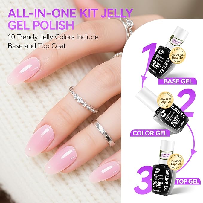 gelike ec Jelly Color Gel Polish: Nail Starter Kit with 10 Gel Colors & Base Gel Top Coat - need UV LED Lamp Cure Smooth Easy Used on Natural & Acrylic Nails at Home for Beginner and Teens