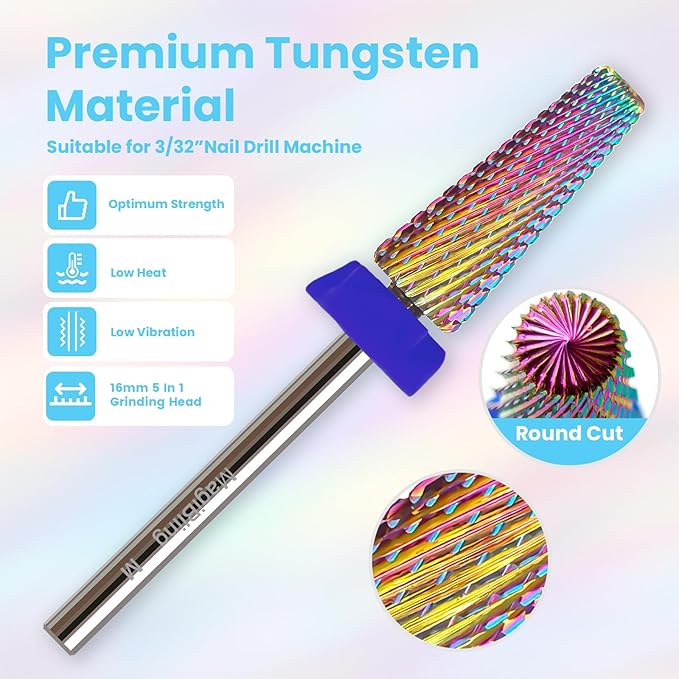 M 5 in 1 Nail Drill Bits, 16mm Tapered 3/32'' Professional Tungsten Carbide Bits for Efile, 2 Rotation for Electric Drill, Remove Thick & Soft Gel Fast, Manicure Cuticle Polish, Nail Techs Bit, Medium