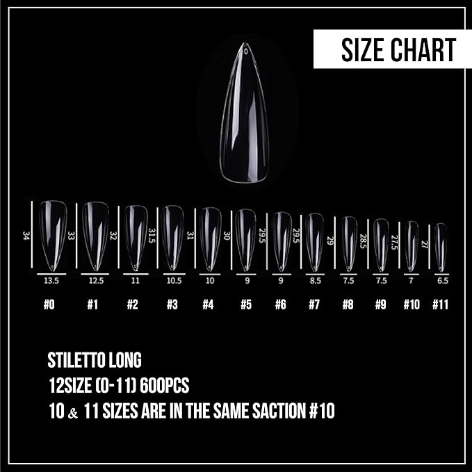 Nail Gel-X Natural Stiletto Long Tips Set - NeVi USA Premium Quality, 600 Tips in 12 Sizes - Complete DIY Nail Extension Kit | No Size 00 Included #10&11 are in the same section #10