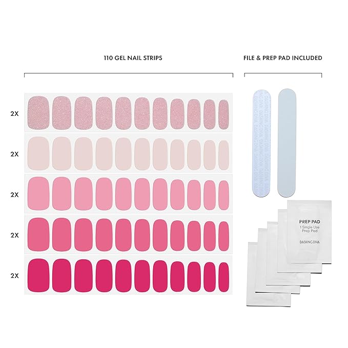 Dashing Diva Gloss Nail Strips 5-in-1 Kit - Best of Pinks - UV Free, Chip Resistant, Long Lasting Gel Nail Stickers - Contains 110 wraps, 5 prep pads, 2 nail files