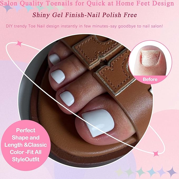 LoveOurHome Colored Press on Toenails Short Square Fake Toe Nails Tips Glossy Full Cover Artificial False Toenail French Pedicure Decor 24 Colors for Women Teen Girls