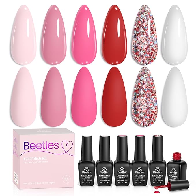 Beetles Spring Gel Nail Polish Set - 6 Colors Pink Gel Polish Nail Kit Red Nude Pink White Glitter Spring Color Gel in Love Collection Soak Off Uv LED Nail Lamp Gift for Women & Girls