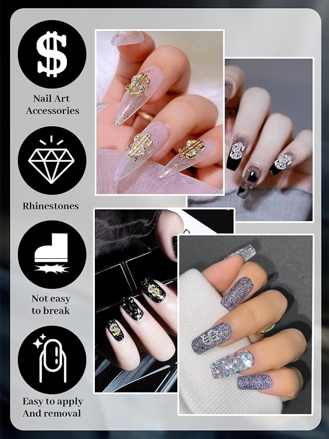 20Pcs Money Dollar Nail Charms, Wsimily 3D Silver Gold Alloy Dollar Rhinestones Nail Art Charms Shiny Money Sign Crystal Nail Decorations for Women Girls Nail Art Craft Jewelry DIY