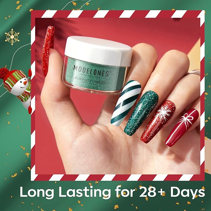 Modelones Christmas Colors Acrylic Powder Kit - 6 Colors Golden Glitter Yellow Green Dark Red Sliver Christmas Eve Cover Powder for Nail Art Extension - No Lamp Needed