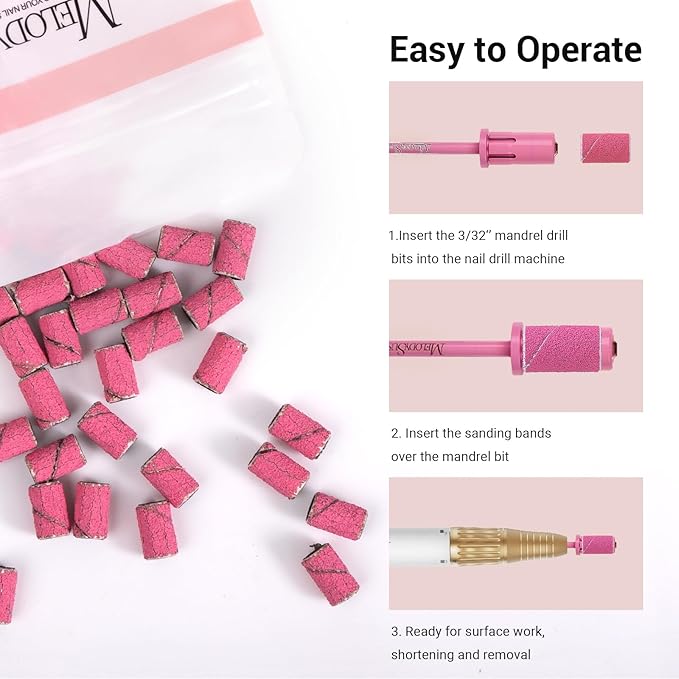 MelodySusie Crystal Top Mandrel Bit for Nails, 3/32'' Easy Off Nail Drill Bits for Sanding Bands, Suitable for Acrylic Nails Gel Manicures and Pedicures, Pink Blossom