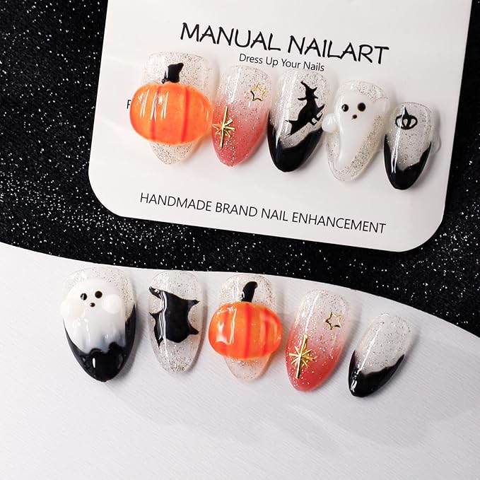 Halloween Press on Nails Handmade 3D Cute Little Ghost & Pumpkin Fake Nails Design Muti-Layer Gel Acrylic Nail Glitter Stick on Nails Full Cover Short Almond Black French False Nail for Women (Size S)