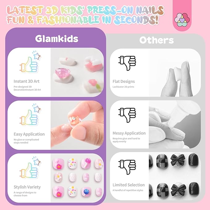 SAVILAND 3D Press on Nails for Kids: 7 Pack Kids Press on Nails for 5-9 Years Pre Glue Full Cover Short Kid Fake Nails Stick On Children Artificial False Nail Tips Fingernails Christmas Gifts for Kid