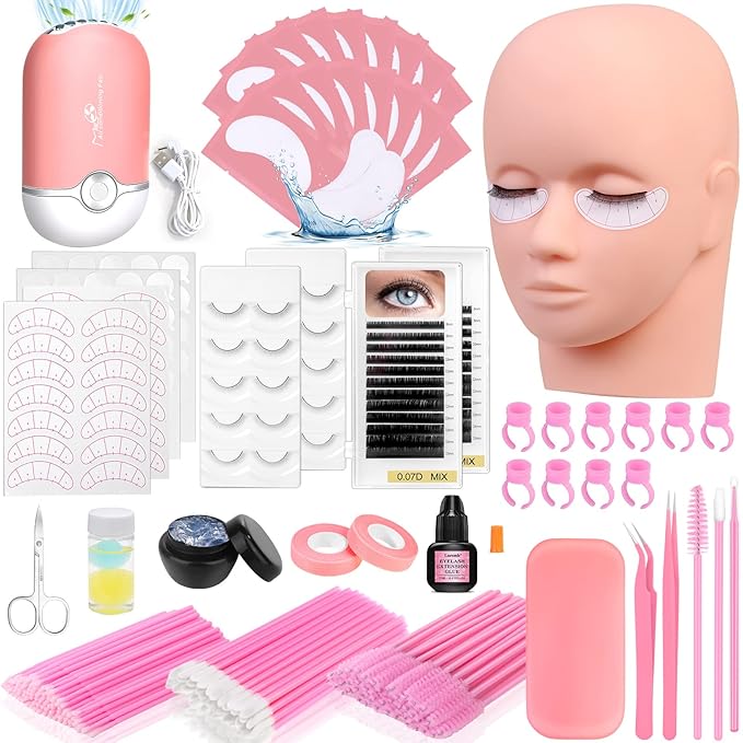 Lash Extension Kit for Beginners, Professional Eye Lashes Extension Kit with Everything: Lash Mannequin Head, Individual Eye Lashes, Glue, Tweezers Lash Extension Supplies for Training Makeup Practice