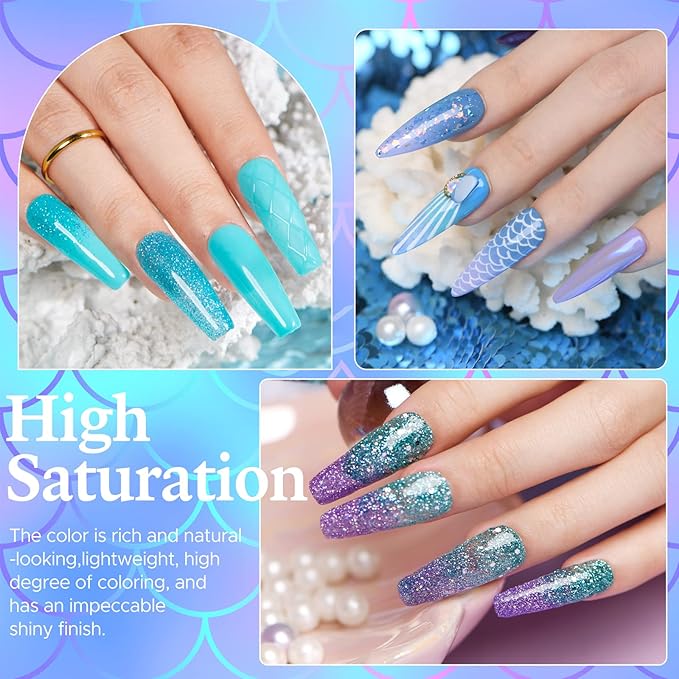 AZUREBEAUTY 31 Pcs Dip Powder Nail Kit Starter 20 Colors Glitter Nude Green Mermaid Serie Dip Powders Liquid Set with Base Top Coat Activator French Nails Art Manicure DIY Salon Christmas Gift