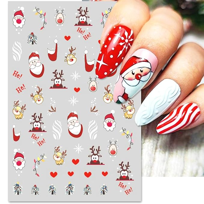 Christmas Nail Art Stickers, Pegatinas Uñas Navidad - Self-Adhesive Santa Hat Snowflake Elk Xmas Tree Design for Manicure DIY Holiday Nail Decals Decorations (6 Sheets)
