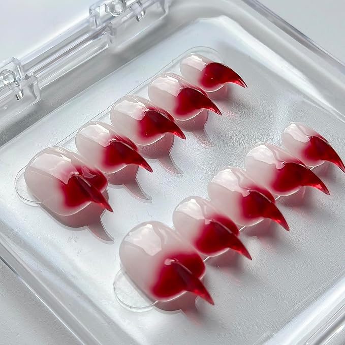 Halloween Press on Nails Luxury Short Stiletto Handmade Cat Claw Unique Reusable ABS Material Red Fake Nails Eagle Claw False Nails Gradient Glossy Glue on Nail Curved Thick Acrylic Nail(S)