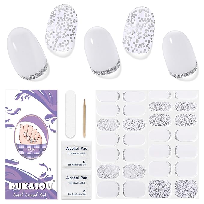 Semi Cured Gel Nail Strips, 28 pcs Gel Nail Stickers, Work with Any UV Lights, Shinny French Long-Lasting Nail Wraps, Stick on Nails for women Easy to Apply & Remove