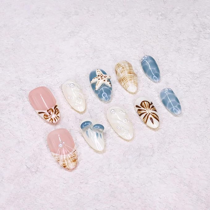 Luxury Press on Nails Short Almond Handmade 3D Starfish Fake Nails French Tip False Nails Flower Pearl Art Designs Glossy Stick on Nails Full Cover Thick Acrylic Nail for Women (Size M)