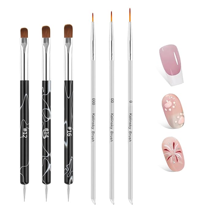 6pcs French Tip Tool Brush, 2 Way Clean up Brush for Gel Polish with Dotting Tool Franch Nail Art Brushes Set Liner Fine Cuticle Beginner 7mm/9mm/11mm, 12#, 14#, 16#