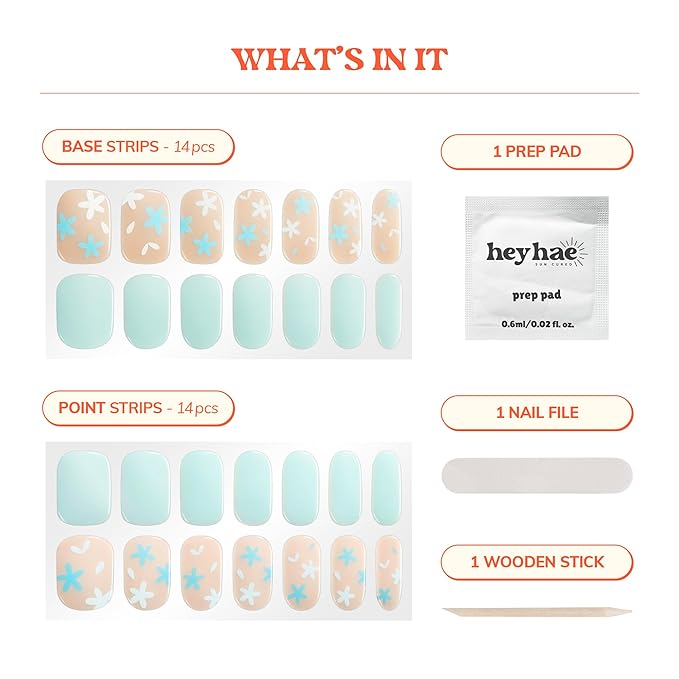 Heyhae Semi Cured Gel Nail Strips | No LED Lamp Needed | Spring, Marble, Pink | Easy Apply & Remove, Salon Quality | Includes 28 Strips, 1 Prep Pads, Nail File & Wooden Stick - Hey, Daisy Days