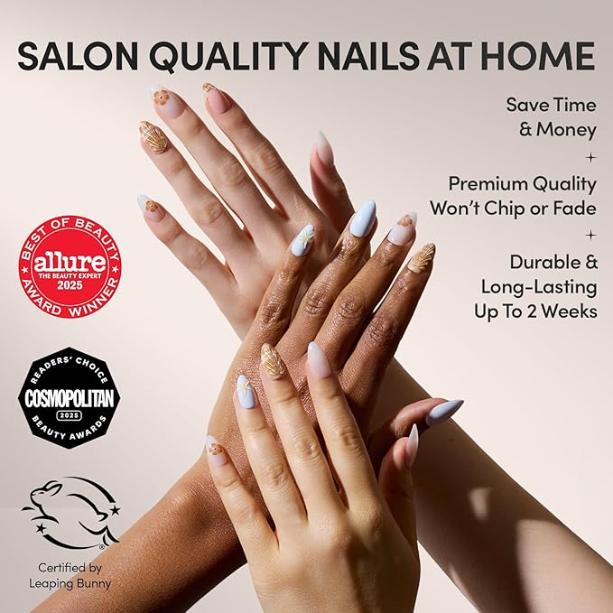 Glamnetic Press On Nails - Sea Star | Short Almond Seashell Nails with 3D Nail Art, Salon Quality Summer Nails | 15 Sizes - 30 Nail Kit with Glue