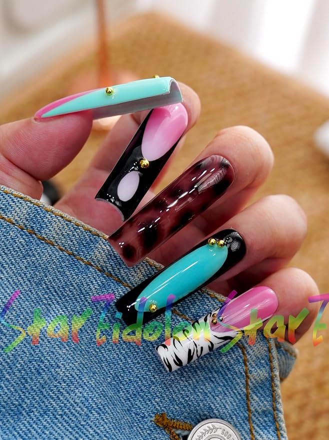 HAND-PAINTED White Press Ons Neon Small Press on Nails Long French Press on Nails Coffin Medium Short Nail art Fake Nail Art Kit with 7g Glue on Nails Handmade Almond Square Nails (Medium, J6)