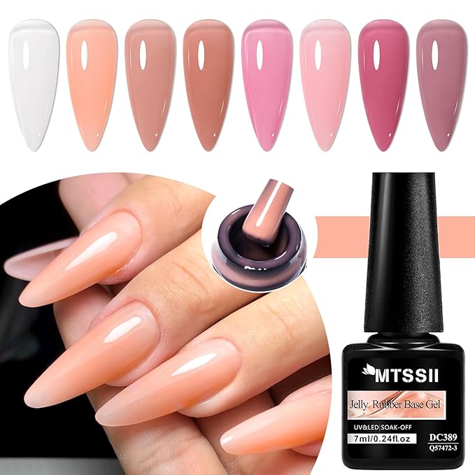 MTSSII Jelly Nude Rubber Base Gel Nail Kit, 8 Colors Clear Pink Crystal Translucent Color Construction UV Gel Semi Permanent Soak Off UV LED Varnish