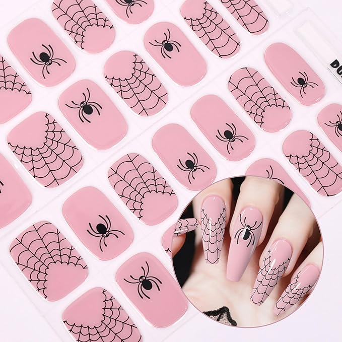 Semi Cured Gel Nail Strips,28 pcs Halloween Gel Nail Stickers (Spider Web),Long Lasting Polish Stickers Work with Any UV Light, Easy to Apply Spider Nail Art Decals for Festival