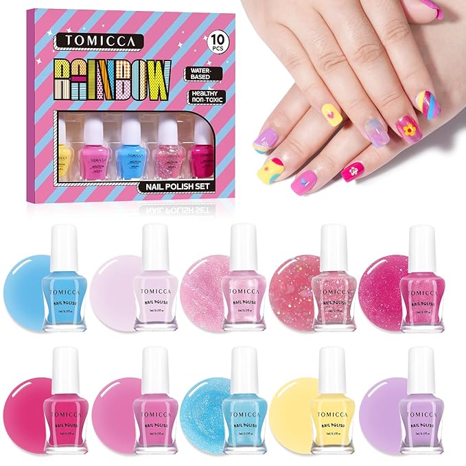 TOMICCA Kids Nail Polish - 10 Color Quick Dry Peel Off Water Based Rainbow Nail Polish, Safe Non Toxic for Toddler to Teen