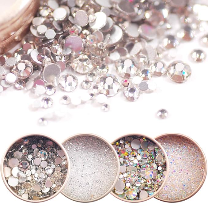 4 Boxes Nail Art Rhinestones AB and White Color Micro Diamond Sparkly with Aluminum Box Delicate Nail Gems