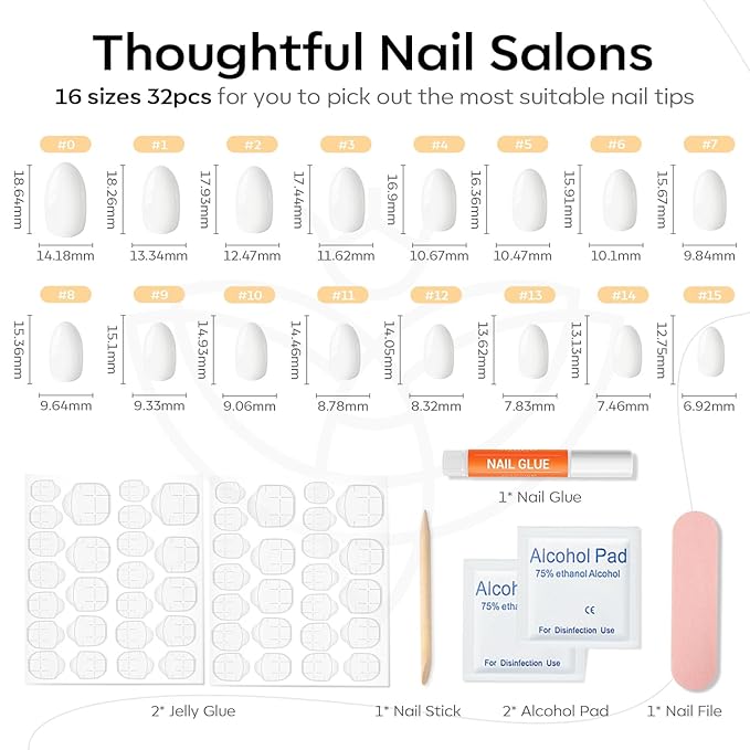modelones Short Press on Nails, Oval Fake Nails Kit Press Ons with Nail Glue, Adhesive Tabs, Nail File, Prep Pad, Manicure Stick, 32Pcs 16 Sizes, Elegant White, Spring Women Girl Gift