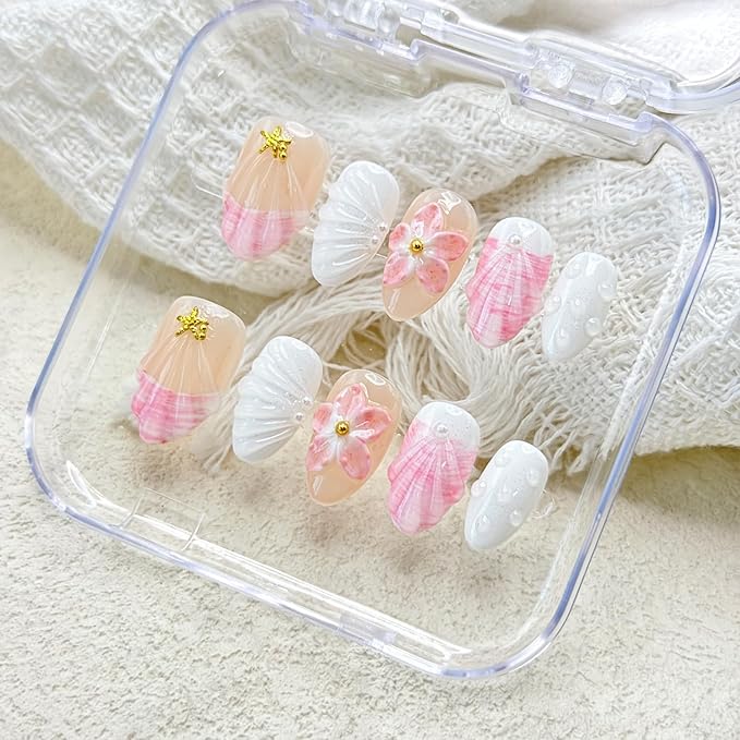 10 Pcs Short Almond Handmade Press on Nails with Glue,Luxury False Nails with 5D Flower Design Muti-Layer Gel False Nails Pink Reusable Acrylic Thick Nails Handmade Nail for Women(Size S)