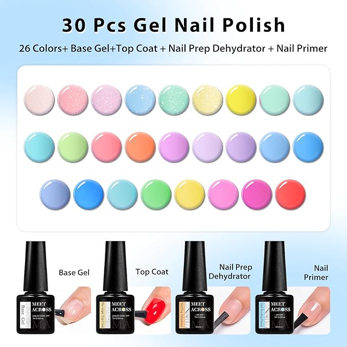 MEET ACROSS 30Pcs Jelly Gel Nail Polish Set Bright Gel Polish Nude Pink Blue Green Lavender Nail Polish Manicure Kit Gift for Her Women 26 Colors