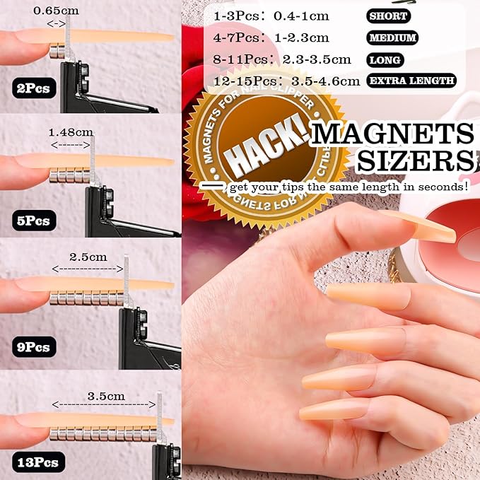 Black Metal Premium Nail Clippers with Magnet Sizers for Acrylic Nails, Professional Stainless Steel Fake False Nail Tip Clipper Cutter Trimmer, Manicure Tool for Salon Home Nail Art