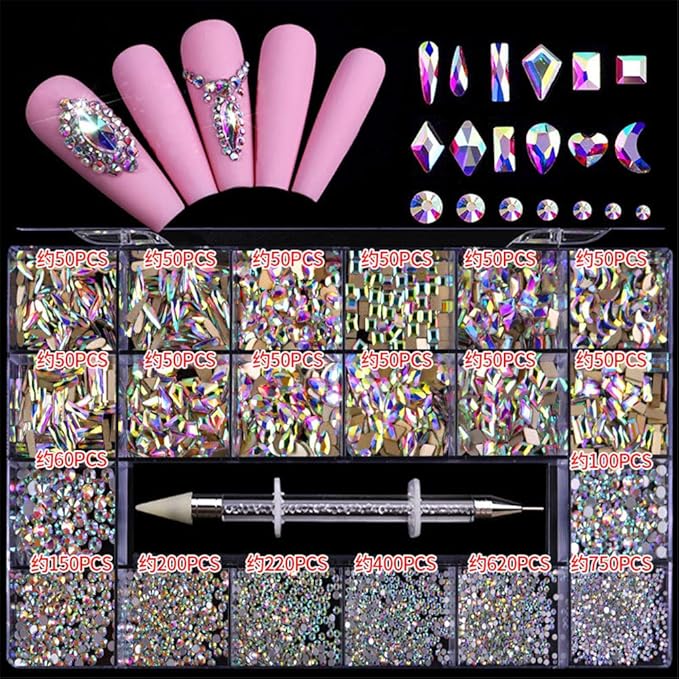 1 Box AB Rhinestones for Nails, 600 Pcs Multi Shapes Nail Rhinestones Nail Gems Nail Jewels with 2500 Pcs Crystal AB Rhinestones Diamonds for Nail Art Craft, Acrylic Nails + Picker Dotting Pen