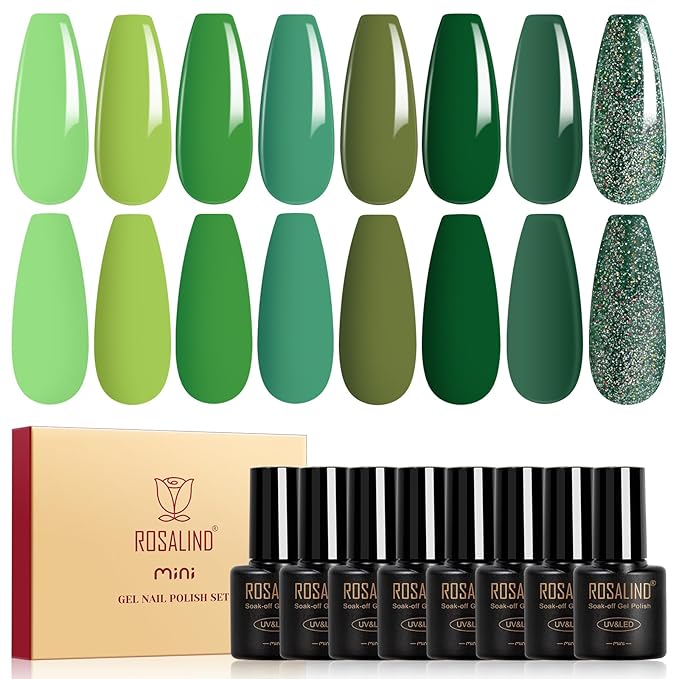 ROSALIND Green Gel Nail Polish, 8 Colors Dark Green Glitter Emerald Olive Forest Shades Gel Polish Soak Off UV MINI from Light to Deep Spring Summer Nail Polish Set for Home Salon Manicure