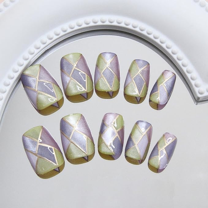 Square Press on Nails Short Fake Nails with Designs Gold Lines Stick on Nail Purple Acrylic False Nail Artificial Nail Press ons Glossy Full Cover Glue on Nails for Women 24Pcs
