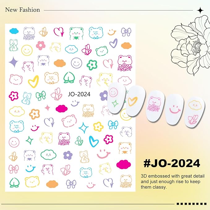 12 Sheet Cartoon Nail Sticker for Nails Art 3D Embossed Self-Adhesive Cute Bear Flower Bunny Duck Fruit Nail Decal Design Supplies for Women DIY Manicure Art Decoration YX1244