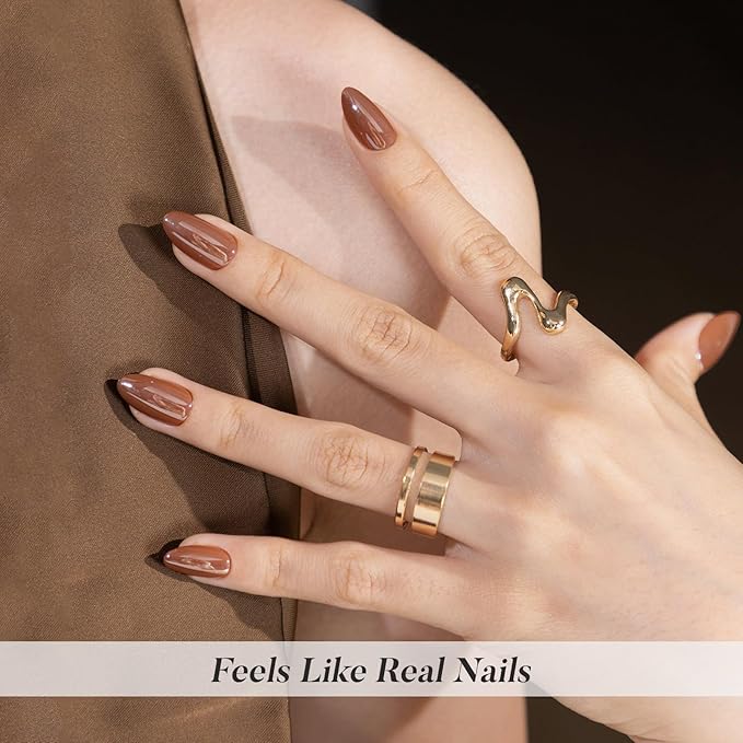 Brown Press on Nails Short - SHANGMENG Soft Gel Almond Chrome Press on Nails for Women, Glossy Glue on Nails with Glue, 16 Sizes - 32 Reusable Fake Nails Kit, Molten Mocha