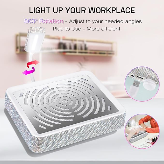 Nail Dust Collector Nail Tech with Lamp & 50PCS Disposal Filters, Powerful Rhinestone Nail Vacuum Vent Fan Dust Collector Extractor Cleaner Machine for Manicure Acrylic Gel Nails Polishing, Salon&Home