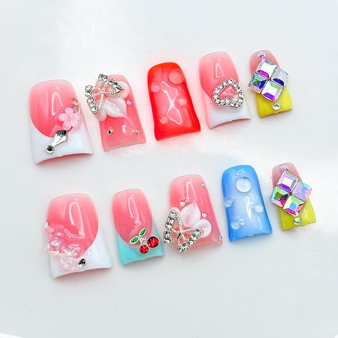 French Press on Nails Handmade Nails with Glue,Orange Medium Duck Fake Nails with 5D Flower Art ＆ Big Rhinestone Design Muti-Layer Gel Handmade Nail Acrylic Nature False Nails for Wome (Size S)