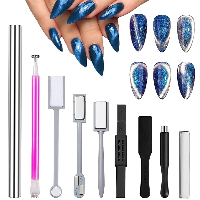 9PCS Cat Eye Magnet For Nails Cat Eye Gel Nail Polish Magnet Tools Set Double-Head Strong Suction Nail Magnet Stick Nail Cat Eye Magnet Nails Square Round Magnet Pens Diverse Cat Eye Effect
