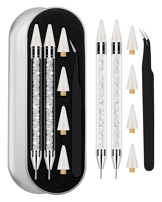 Difenni Rhinestone Picker Tool, Wax Pencil for Rhinestones Tool, Dual-Ended DIY Nail Bedazzling Tools with 4 Extra White Replaceable Wax Head and 1 Tweezer(White)
