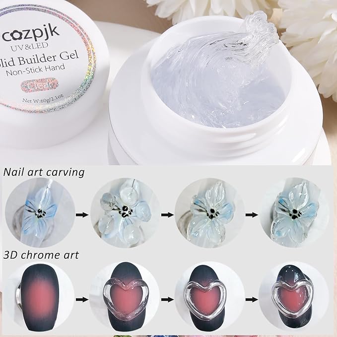 Solid Builder Gel - 60g Non-Sticky Hand Hard Gel for Nails With Dual Forms, 3D Sculpture Carving Modeling Design Extension Kit, Clear Salon Supplies
