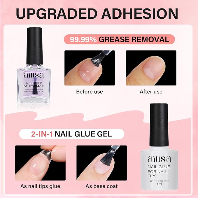 AILLSA Nail Tips and Glue Gel Kit Short Coffin Nail Tips 240pcs with 2 In 1 Nail Glue Base Coat and Nail Dehydrator, Gel Extension Nail Kit with U V Light Top Coat for DIY Home Salon