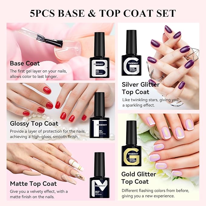 Phoenixy 30 Pcs Gel Nail Polish Set, 25 Colors U V Gel Nail Polish Nude White Black Red Blue Pink All Season Color 5 Pcs Base Top Coat Glossy Matte Silver and Gold Glitter Starter Gift Sets for Women
