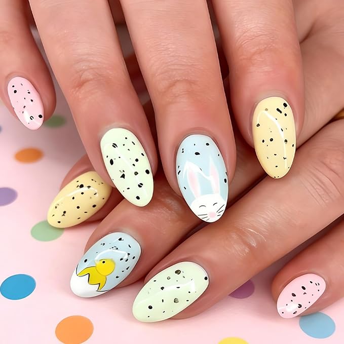 Easter Press on Nails Short Almond Petite Easter Bunny Fake Nail Pink Full Cover Bunny False Nails with Chick Designs Glossy Cute Acrylic Nails Manicure Artificial Nail for Women Manicure Decor 24 Pcs