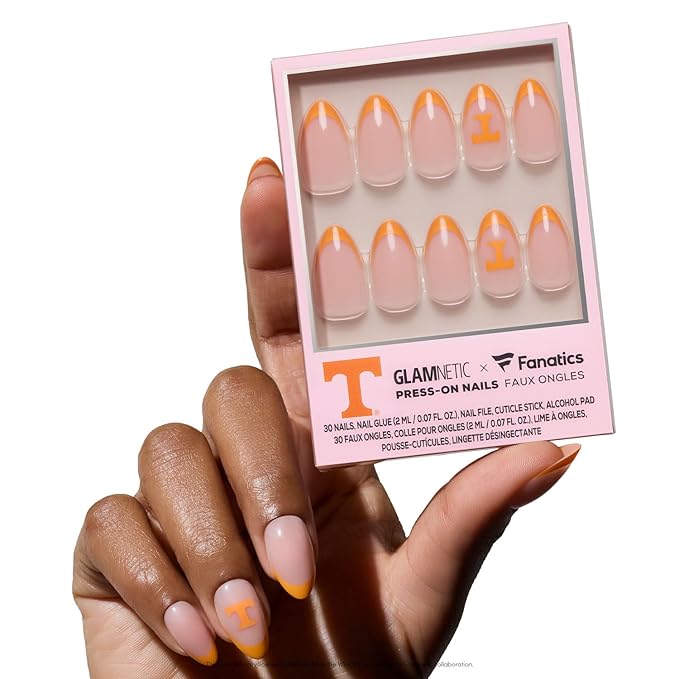Glamnetic x Fanatics Press On Nails - Tennessee Volunteers | Short Almond Fake Nails, Collegiate Volunteers Orange French Tips, College Nails, Salon-Quality | 15 Sizes - 30 Nail Kit with Glue
