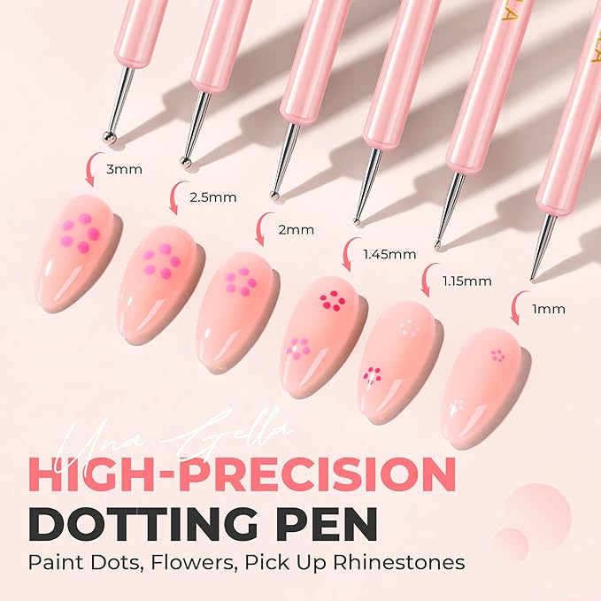UNA GELLA Nail Art Brushes Set 6PCS Pink Color Double-ended Nail Design Dotting Tools Christmas Nail Art Gel Polish Brushes for Gel Polish Lines, Nail Drawing Pen DIY Nail Art Supplies