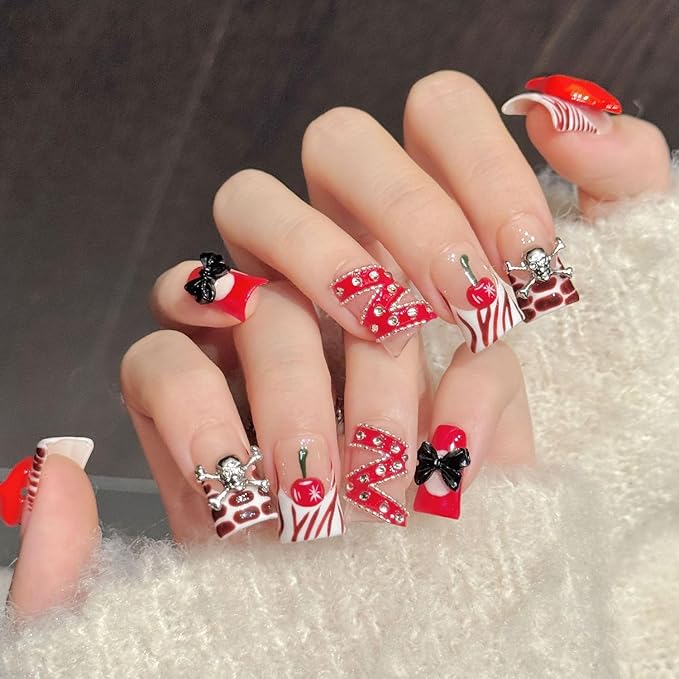 10Pcs Valentines Short Square Press on Nails Handmade Fake Nails French Red Lips Silver Skull Black Bow Design Valentine Full Cover Glue on Nails for Women