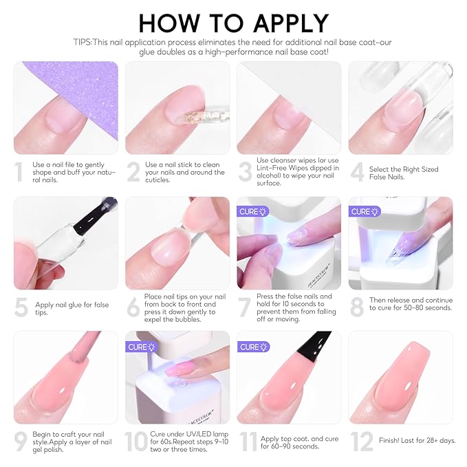 PEACECOLOR Square Gel Nail Kit, 240pc Short Medium False Nail Tips for Extension 2 Colors Jelly Gel Polish with U V Light Nail Glue Nails Art Stickers Rhinestones Easy DIY for Women Home Salon DIY
