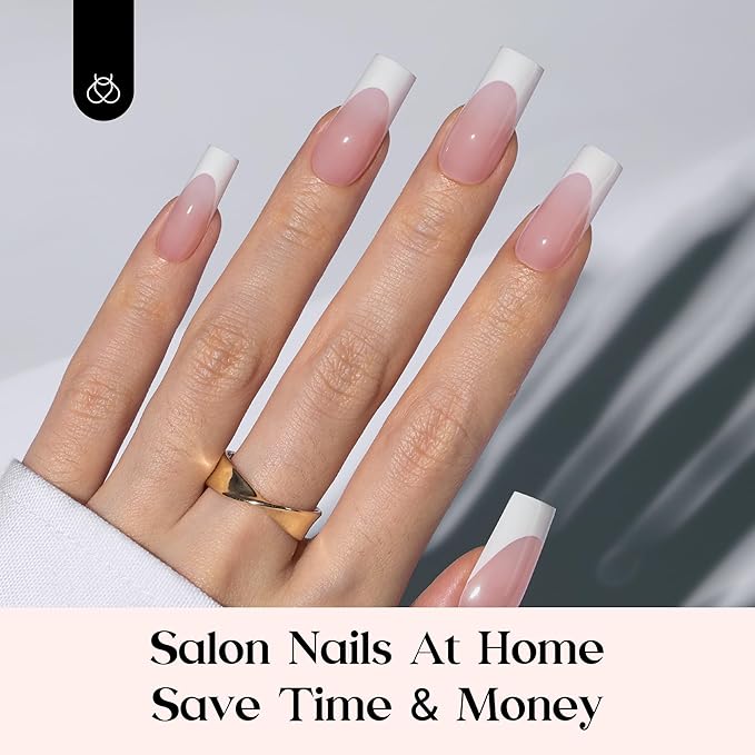 Beetles French Tip Press on Nails Long Square Salon Quality, White French Pink Gel Nail Tips 15 Sizes, Etch X Pre-Primer No Need to File Tips Soak Off Acrylic Nails Extensions DIY Nail Art for Women